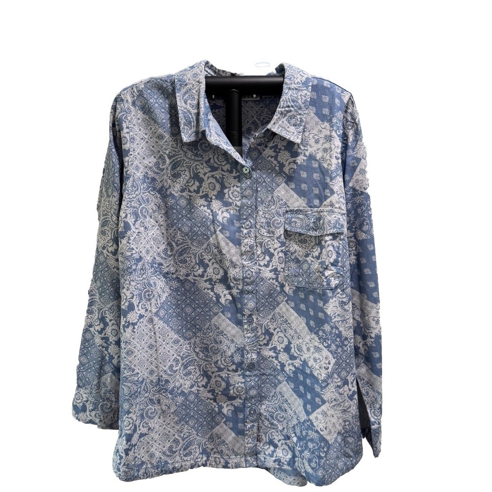 Joan Rivers Cotton Patchwork Classic Denim Shirt Button Front Blue Size XL